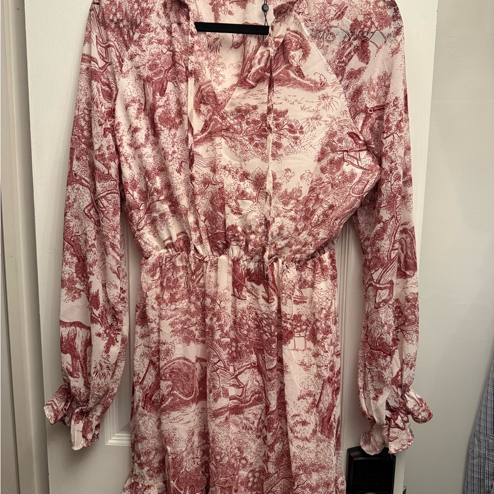 Red Toile Print Long Sleeve Dress